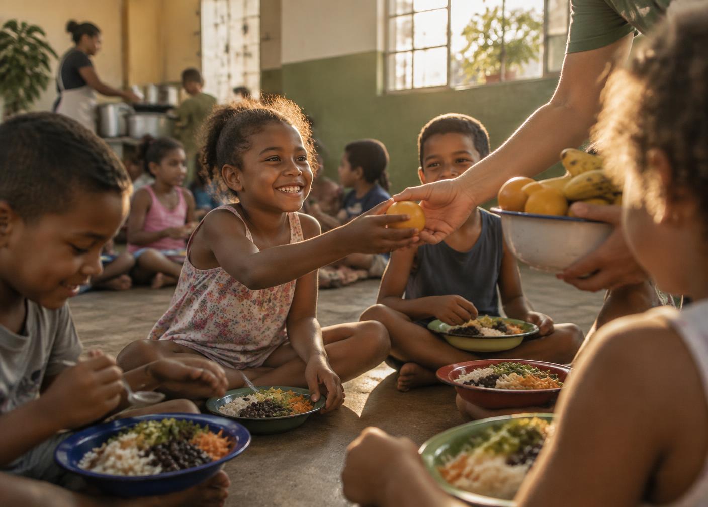 Crianças em roda de alimentação em projeto social, com pratos de comida e frutas